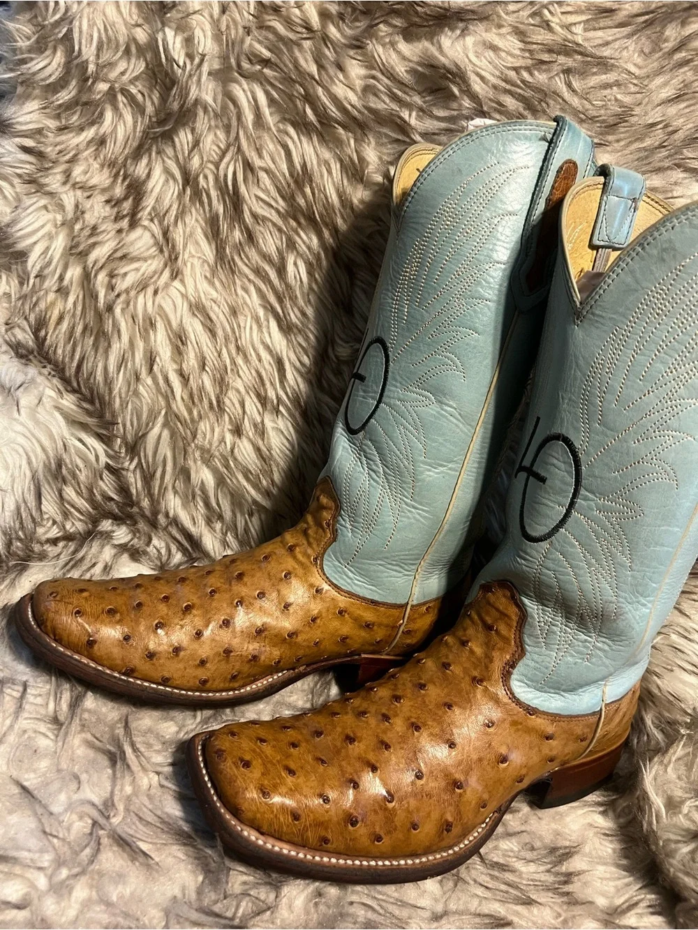 JM Collection Tan Ostrich Leather Western Boots with Light Blue Shaft Sz 8 D